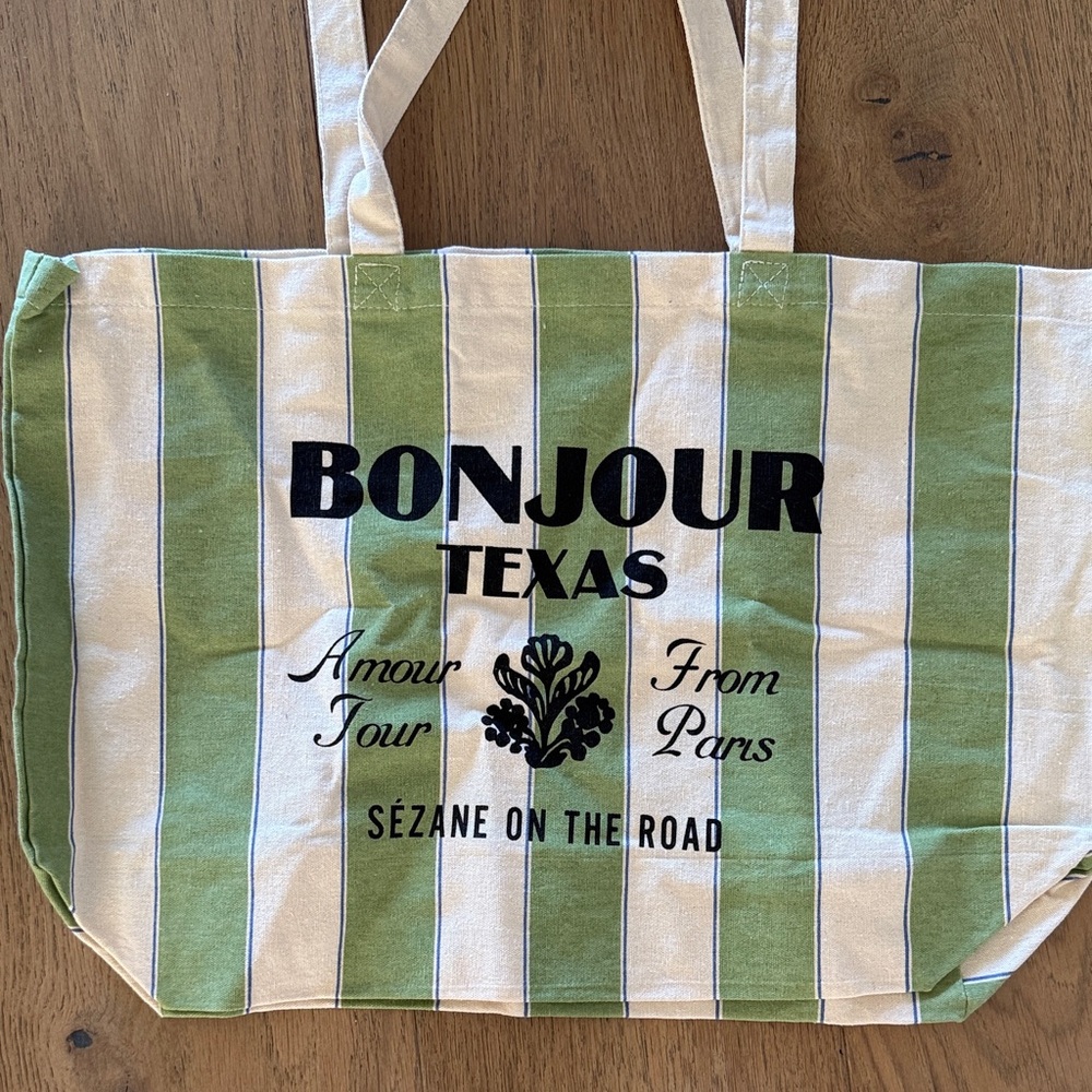 Sezane Green and White Striped Tote Bag